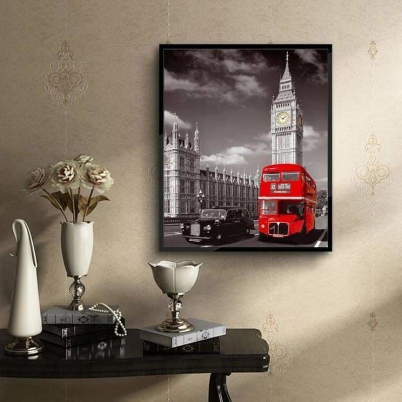 Full Drill - 5D DIY Diamond Painting Kits Grey Sky Red Bus -