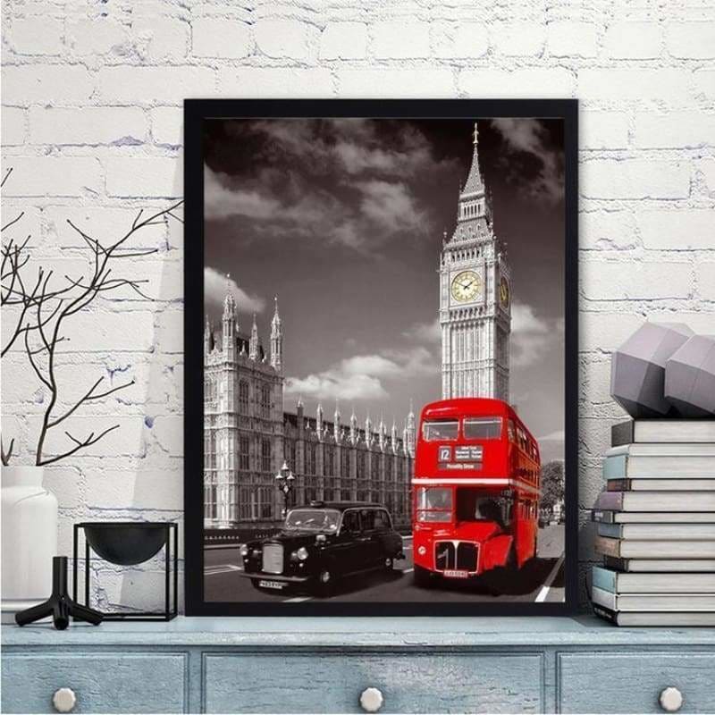 Full Drill - 5D DIY Diamond Painting Kits Grey Sky Red Bus -